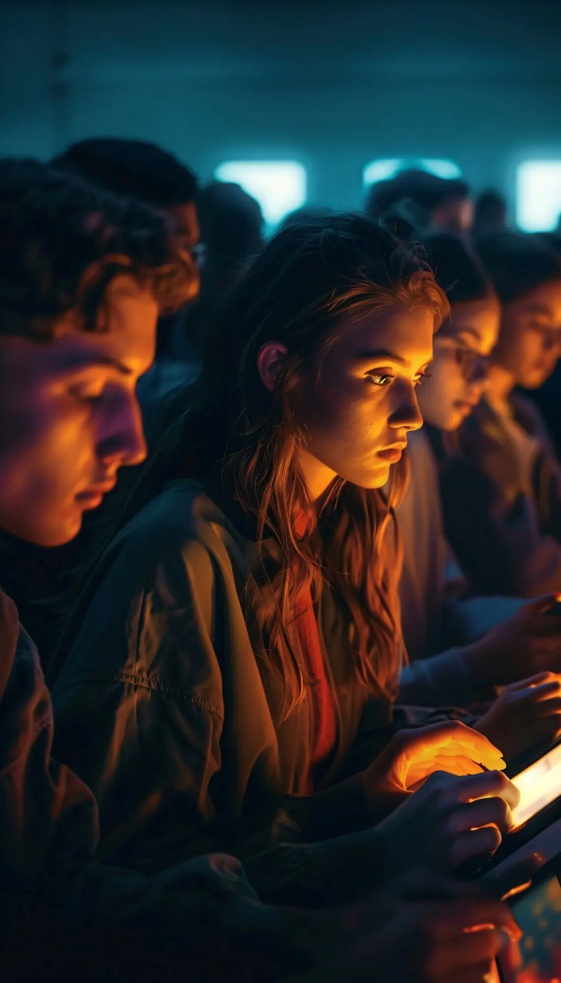 Personas diversas adictas a sus dispositivos inteligentes, desplazándose por sus pantallas y mirándolas.